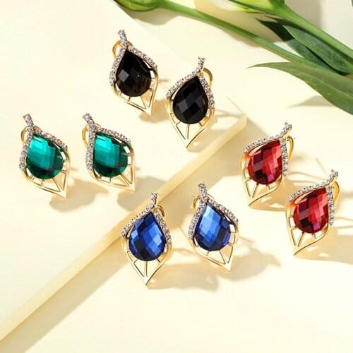 Vintage Female Crystal Leaf Small Earrings Charm Gold Color Clip Earrings For Women Luxury Rainbow Zircon Stone Wedding Earrings