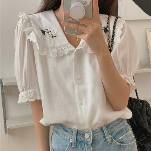 Alien Kitty Gentle Embroidery Flowers Sweet Casual Stylish Florals 2021 Short Sleeves Women Tops Summer Shirts Chic Lady Blouses