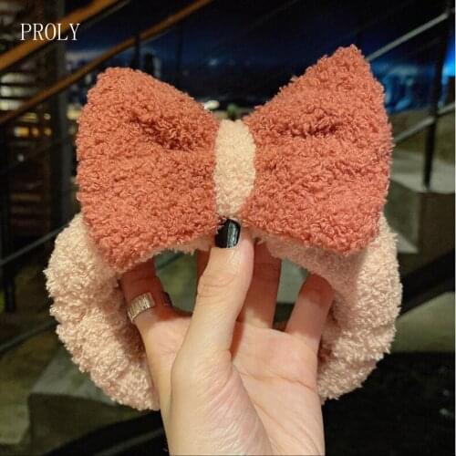 PROLY New Fashion Women Headwear Soft Plush Warm Turban For Girls Fresh Color Big Bowknot Headband Face Washing Hair Accessories