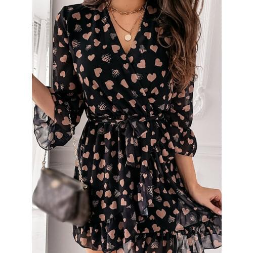 Ruffle Patchwork Lantern Sleeve Women Mini Dress Floral heart Printed Elegant V-Neck A-Line Female Dresses Spring Lady Vestidos