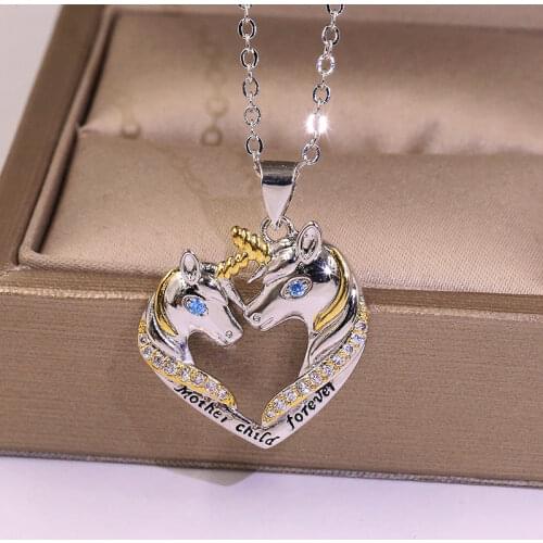 Heart Filled Unicorn Pendant Necklaces For Women Blue Crystal Zircon Love Heart Necklace Female Fashion Jewelry