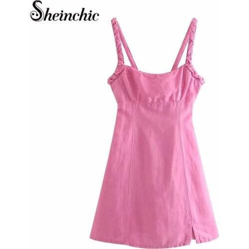 Sexy Pink Spaghetti Strap Woman Dress 2021 Summer Casual A-line Mini Dresses for Women