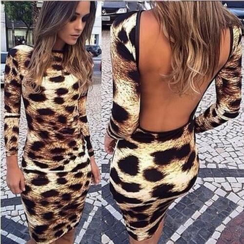 New women European and American style summer autumn Leopard Party Sexy Club long sleeve Halter Dress Vintage