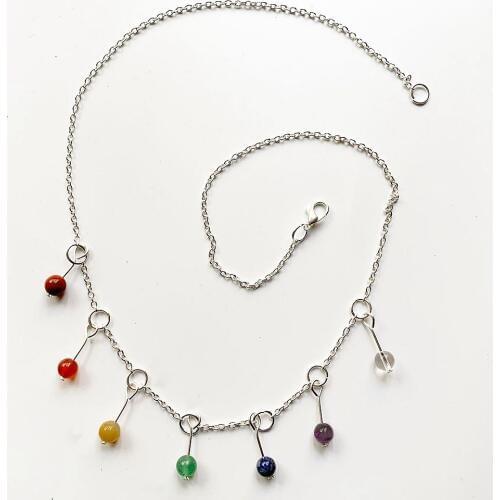 Bhuann 7 Chakra Crystals Beads Necklace Metal Silver Color Long Chain Jewelry Necklace Handmade Metal Wrapped Pendant 1pc