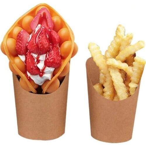 100pcs Ice Cream Egg Waffle Paper Cup; Thickening ObliqueKraft French fries, Fried chicken paperpackage cup;Bevel Cup