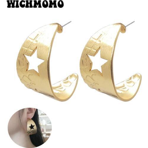 2019 Fashion 44mm Aluminium Alloy Gold Wire Drawing Star Moon Ethnic Earrings for Womens Fashion Jewelry Gifts Date and Party