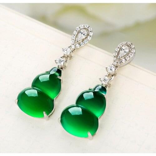 2021 Fashion Emerald Green Chalcedony Gourd Earrings Emerald Green Tourmaline Shiny Zircon White Gold For Women Fine Jewelry