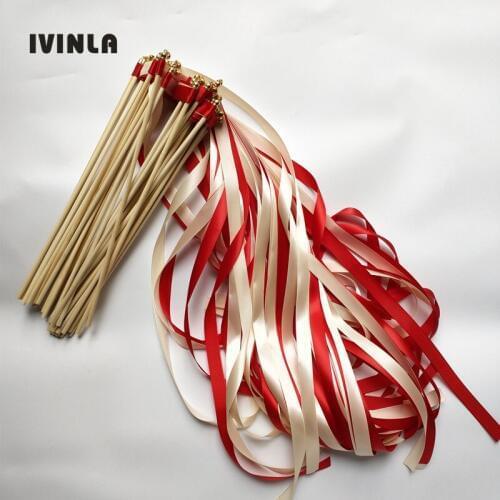 50pcs/lot red and cream wedding ribbon wands Sparklers with gold bell for wedding decoration