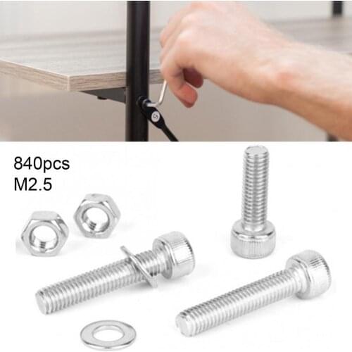 840Pcs M2.5 Pan Head/Round Head/Countersunk Head Stainless Steel Hexagon Socket Screws Nuts Gaskets Kit for Machines
