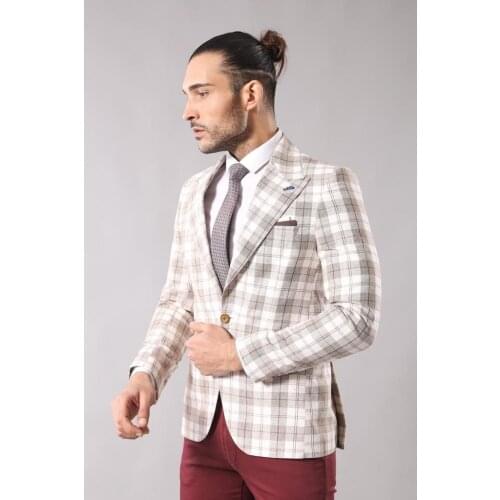 Single Button Wide Pointed Collar Beige Blazer