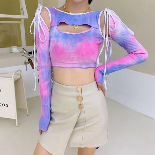 E Girl Sexy Hollow Out Lace Up Tie Dye T Shirts Women O Neck Crop Top Long Sleeve Tshirt Fashion Chic Tops Y2k Streetwear Women