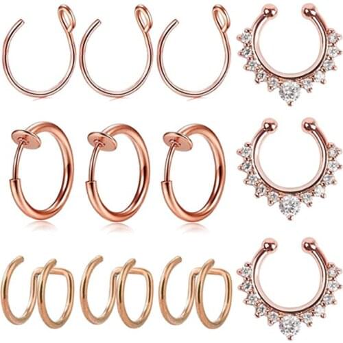 Faux Nose Rings Hoops, 12pcs Fake Lip Ear Septum Ring Cartilage Cuff Earring Non-Pierced Clip On Nose Ear Rings