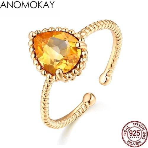 Anomokay Luxury Yellow Heart CZ Gold Color Rings for Women Lovers Mom Jewelry Gift 100% Sterling 925 Silver Rings for Wedding