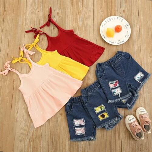 Toddler Baby Girls Summer Outfits Sets Solid Color Lace-up Sleeveless Camisole Top + Elastic Waist Ripped Jeans Baby Clothing