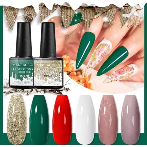 MEET ACROSS Pure Color Gel Nail Polish Set 6pcs Glitter Lacquer Soak Off UV Gel Nail Art Base Matte Top Coat Gel Nail Polish