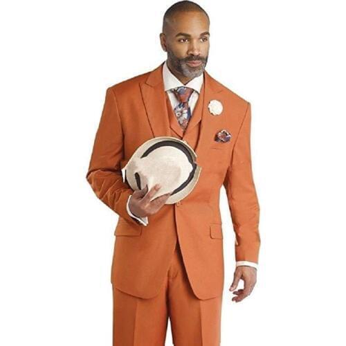 Fashionable One Button Orange Groom Tuxedos Groomsmen Peak Lapel Mens Suits Blazers (Jacket+Pants+Vest+Tie) W:993