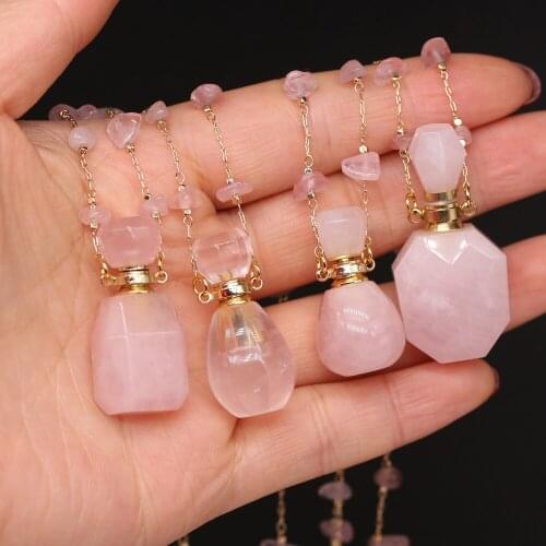 Natural Stone Agates Crystal Perfume Bottle 60cm Necklace Pendant Rose Quartzs Essential Oil Diffuser Necklace Jewelry Gift