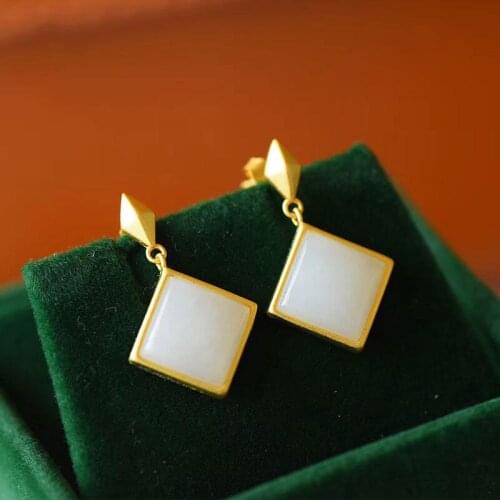 New silver inlaid natural Hetian white Chalcedony geometric block Earrings Chinese style retro palace charm womens jewelry