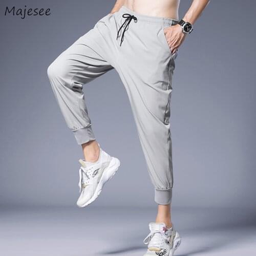 Solid Gray Causal Pants Men Plus Size M-4XL Summer Breathable Quick-dry Loose Bundle Ankle-length Trousers Homme Elastic Waist