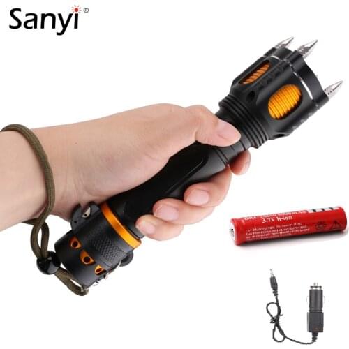 Sanyi XML T6 LED Police Tactical Flashlight Audible Alarm Cap Attack Torch Head Self Defense Belt Cutter Security Rescue Light
