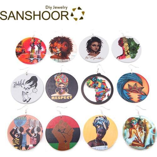 SANSHOOR Selected 10 Pairs African Woman Wood Drop Earrings 6cm Large Diameter Afrocentric Ethnic Bohemia Jewelry For Blacks