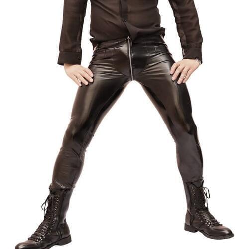 Sexy Men Zipper Open U Crotch High Elastic PVC Shiny Pencil Pants Fashion Punk Glossy Style Pencil Pants Gay Wear F100