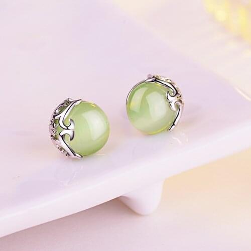 925 Sterling Silver Green Cat Eyes Korean Simple White Fungus Fresh Ornaments