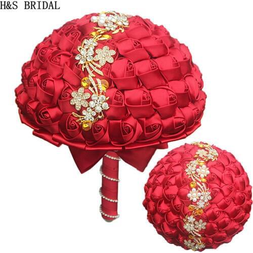 H&S BRIDAL Red Crytals Wedding Bouquet Bridal Bouquets wedding accessories Artificial Wedding Bouquets buque de noiva 2020