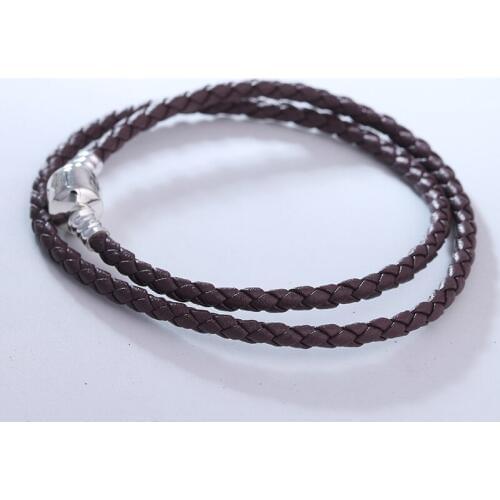Dark Brown Double Leather Bracelet Fits sterling silver Original Charms & Beads For Woman DIY Jewelry Making