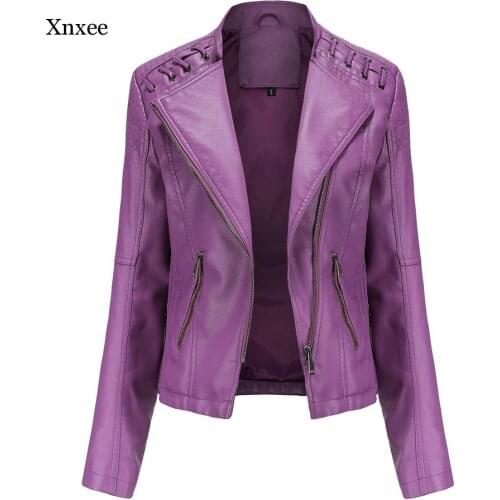 Spring PU Leather zipper JacketWinter Female Black Loose Turn-down Collar lace up Fashion New Womens Wild locomotive outwear