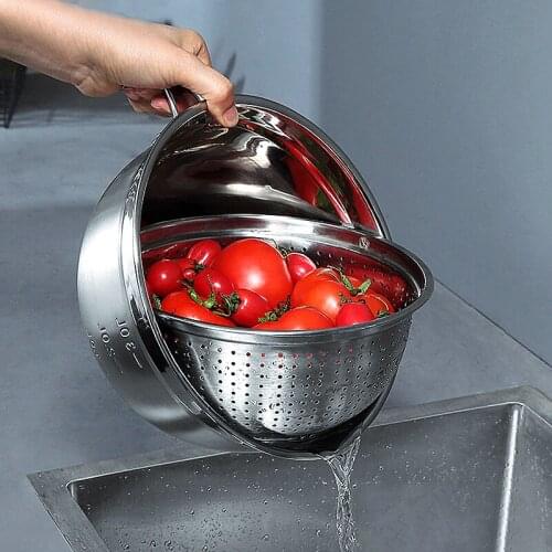 304 Stainless Steel Rotary Detachable Basket With Handle Micro Perforated Vegetable Washing Fruit Filtering Spaghetti Basin