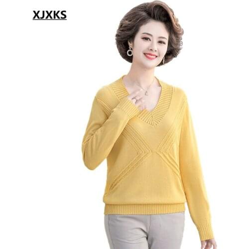 XJXKS Fashion big V-neck women sweater 2021 spring autumn new high-end wool knitted sweater women pullover