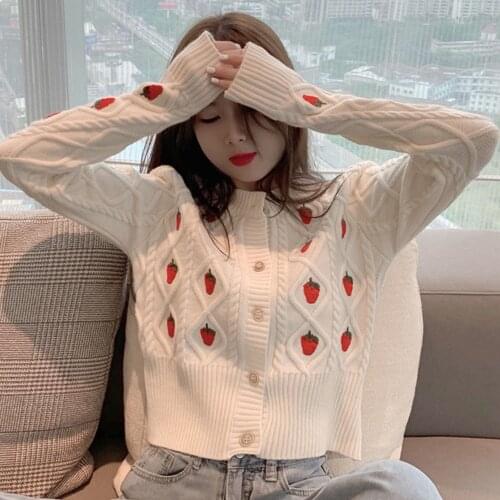 Korean Version Sweet Strawberry Embroidery Cardigan Women Autumn 2021 Fashion Short All-match Knitted Tops Student Sweaters