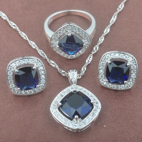 2020 New Blue Cubic Zirconia Womens Silver Color Jewelry Sets Necklace Pendant Earrings Rings Free Shipping TZ0126