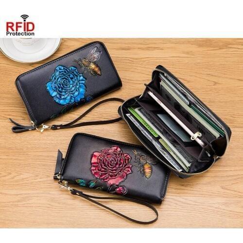 Leather Wallet women Genuine leather Long Coin Purse with Card holder Cash Compartment Photo Holder Zipper Wallet