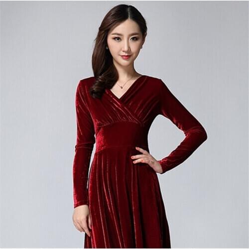 New Plus Size V-neck Solid Color Gold Velvet Dress Long Sleeve Evening Women Elegant Ladies Vintage Party Long Dresses Vestidos