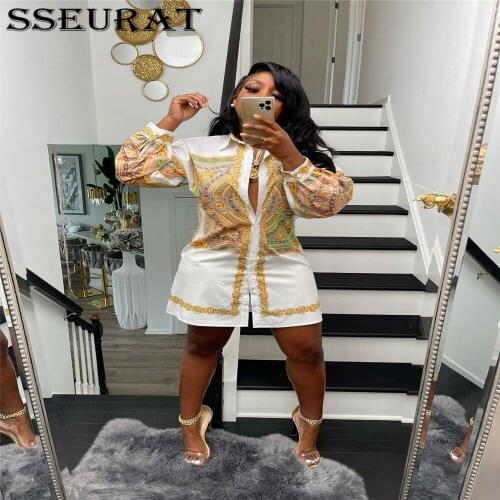 SSEURAT Women Print Long Sleeve Single Breasted Mini Shirt Dress Autumn Vintage Party Loose Dress Vestidos
