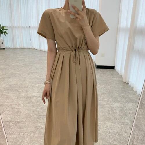 Japanese Korean Version Womens Dress Fashion Draw Back Casual Temperament Simple Elegant Round Neck Summer