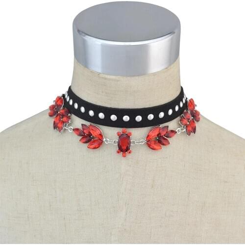 2Pcs/set Gothic Red Blue Black Crystal Bib Choker Necklaces for Women Bohemian Velvet Collar Necklace Night Club Party Jewelry
