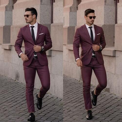 2021 Handsome Burgundy Mens Wedding Tuxedos Two Buttom Slim Fit Wear Business Party Prom Best Men Blazer Suits 2 Pieces Custom