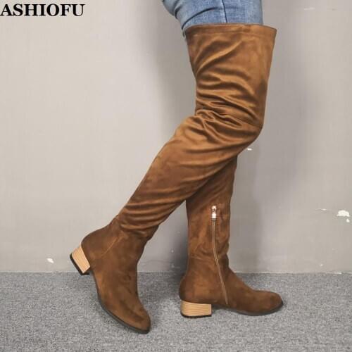 ASHIOFU 2020 Real Photos Womens Thigh High Boots Retro Style Party Prom Over Knee Boots Winter Evening Fashion Long Boots Shoes
