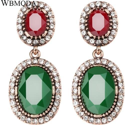 Bohemian Big Green Stone Statement Earrings Turkish Jewelry Vintage Antique Gold Crystal Drop Earrings For Women