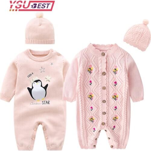 2020 Baby Girl Romper Knitted Newborn Baby Clothes Romper Cartoons With Hat Infant Toddler Jumpsuit Kids Cotton Toddler Jumpsuit