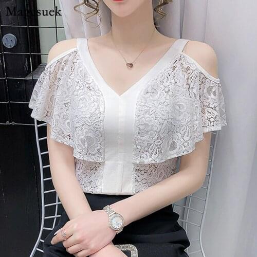 Plus Size 3XL Summer Lace Blouse New 2021 Sexy Off-shoulder Ruffle Tops Blusas Mujer Simple V-neck Slim Black White Shirts 14055