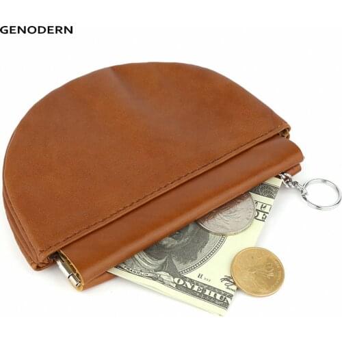 GENODERN Genuine Leather Women Coin with Keychain Mini Card Holder Money Bag Case Cowhide Zipper Laday Change Purses