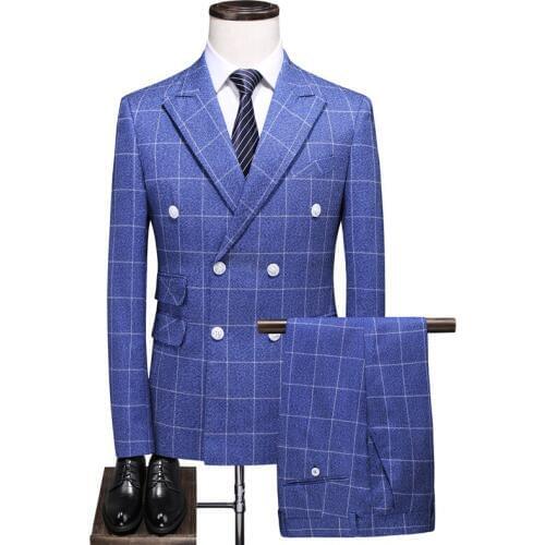Classic Plaid Stripe Men Business Suit Slim Fit Mens Suit Jacket and Pants with Vest Fashion Double-breasted Men Wedding Suit