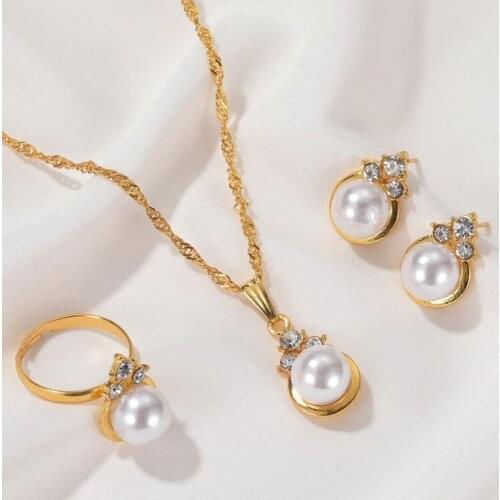 Luxury Imitation Pearl Bead Planet Necklace earring rings jewelry set Women crystal Rhinestone Choker Necklace Party Wedding