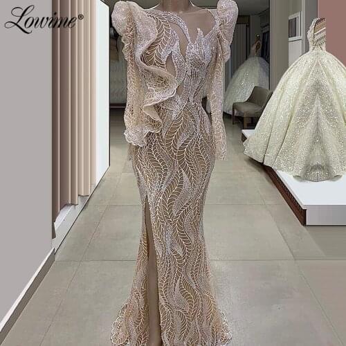 Illusion Long Sleeves Muslim Evening Dresses Slit Side Dubai Kaftan Saudi Arabic Formal Evening Gown 2020 Celebrity Party Dress