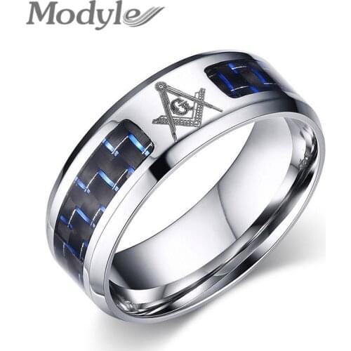 Modyle Cool Blue Carbon Fiber Inlay Masonic Rings For Men Stainless Steel Wedding Ring