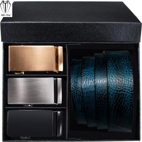 Italian Boxed Dark Blue Cowhide Leather Mens Belts 3 Automatic Buckles & 1 Ratchet Strap Set Men Waist Belt for Dress Jeans Gift